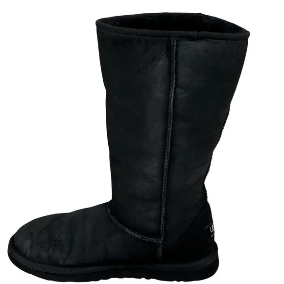Ugg Womens 6 Black Genuine Leather & Sheepskin Tall Winter Boots Snow Sports Fun - Picture 8 of 16